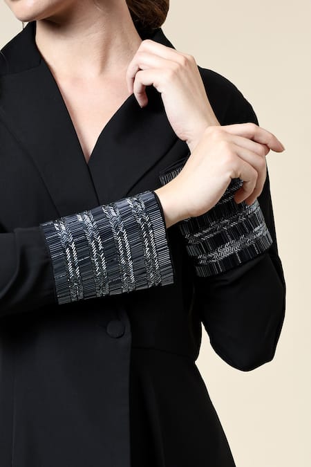 Aakaar_Black Modal, Mohair Embroidery Metallic Asymmetric Blazer With Pant _at_Aza_Fashions