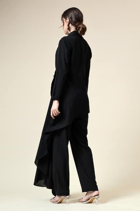 Shop_Aakaar_Black Modal Sequins Floral Embroidered Asymmetric Blazer With Pant _at_Aza_Fashions