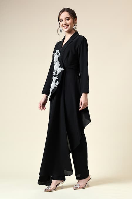 Buy_Aakaar_Black Modal Sequins Floral Embroidered Asymmetric Blazer With Pant _Online_at_Aza_Fashions
