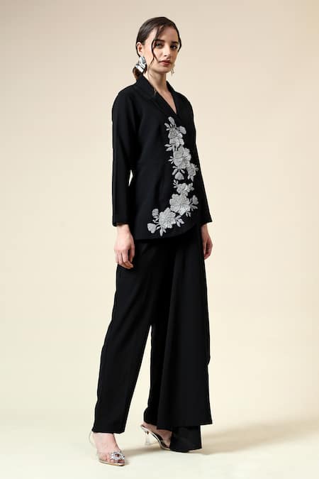 Shop_Aakaar_Black Modal Sequins Floral Embroidered Asymmetric Blazer With Pant _Online_at_Aza_Fashions