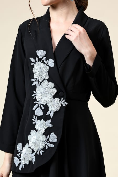 Aakaar_Black Modal Sequins Floral Embroidered Asymmetric Blazer With Pant _at_Aza_Fashions