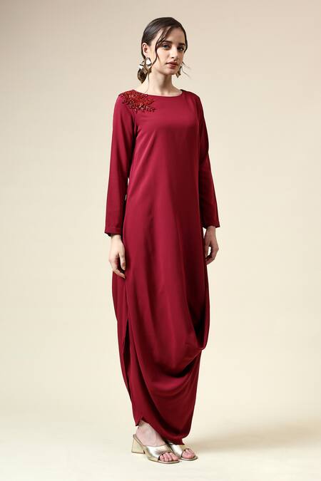 Buy_Aakaar_Red Modal Beads Boat Neck Floral Embroidered Draped Tunic With Pant _Online_at_Aza_Fashions