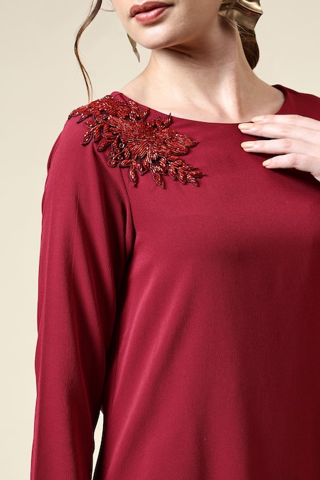 Shop_Aakaar_Red Modal Beads Boat Neck Floral Embroidered Draped Tunic With Pant _Online_at_Aza_Fashions