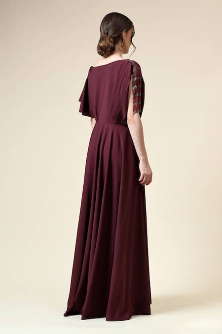 Shop_Aakaar_Wine Modal Beads Boat Neck Fringe Embellished Draped Tunic With Pant _at_Aza_Fashions