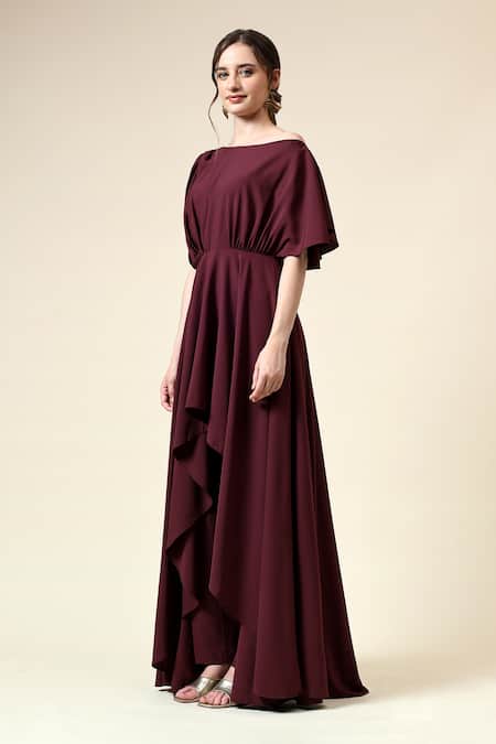 Aakaar_Wine Modal Beads Boat Neck Fringe Embellished Draped Tunic With Pant _Online_at_Aza_Fashions