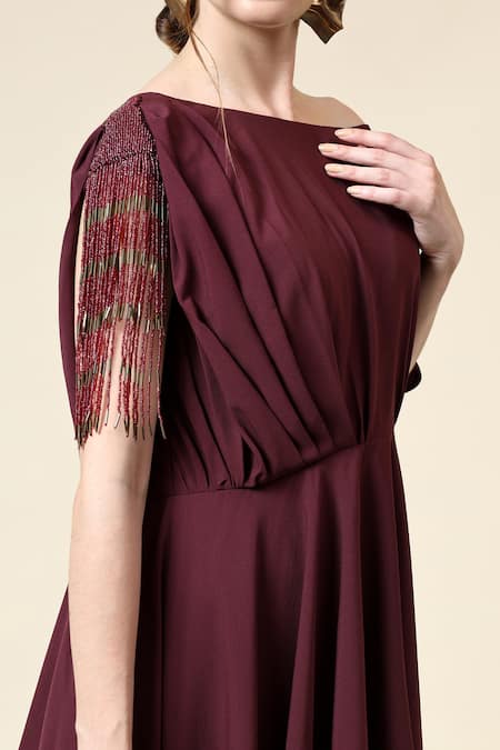 Buy_Aakaar_Wine Modal Beads Boat Neck Fringe Embellished Draped Tunic With Pant _Online_at_Aza_Fashions