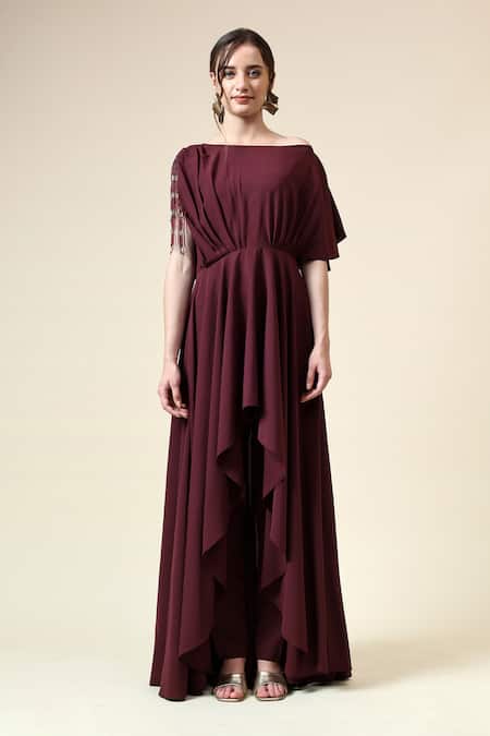 Aakaar_Wine Modal Beads Boat Neck Fringe Embellished Draped Tunic With Pant _at_Aza_Fashions
