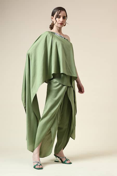 Aakaar Green Moss Crepe Embroidered Beads One-shoulder Tunic With Draped Pant 