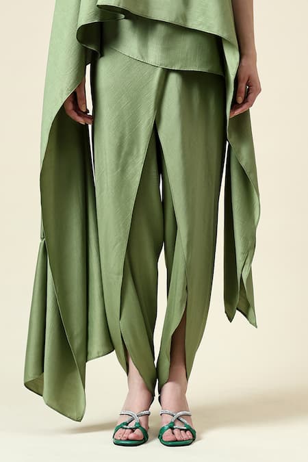 Aakaar Green Modal Beads One Shoulder Embroidered Tunic With Draped Pant Online at Aza Fashions Aakaar_Green Modal Beads One Shoulder Embroidered Tunic With Draped Pant _Online_at_Aza_Fashions