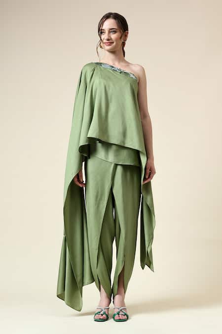 Buy_Aakaar_Green Modal Beads One Shoulder Embroidered Tunic With Draped Pant _Online_at_Aza_Fashions