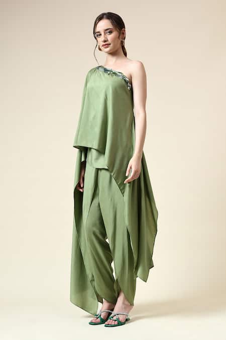 Shop_Aakaar_Green Modal Beads One Shoulder Embroidered Tunic With Draped Pant _Online_at_Aza_Fashions