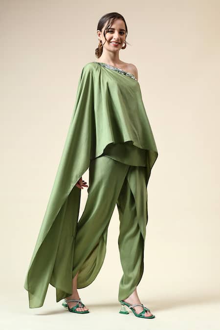Aakaar_Green Modal Beads One Shoulder Embroidered Tunic With Draped Pant _at_Aza_Fashions