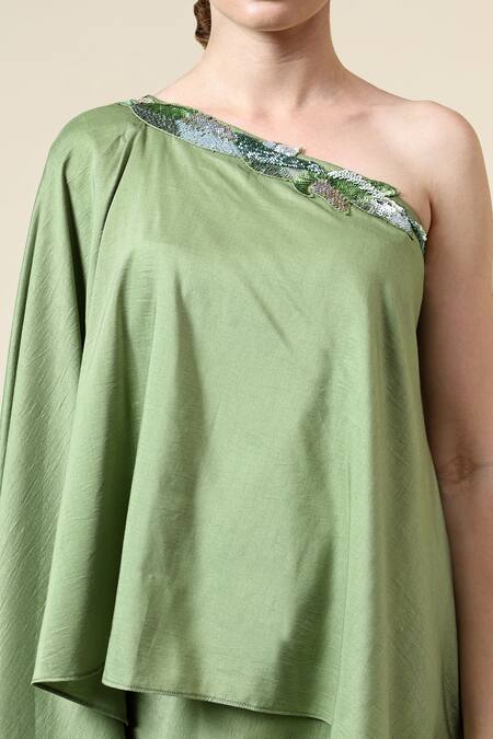 Buy_Aakaar_Green Modal Beads One Shoulder Embroidered Tunic With Draped Pant 