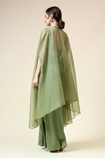 Shop_Aakaar_Green Organza, Cotton, Silk Beads, Floral Embroidered Blouse Draped Skirt Set _at_Aza_Fashions