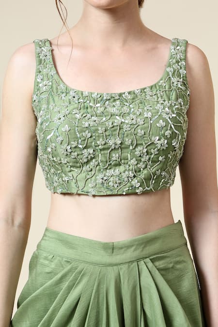 Aakaar_Green Organza, Cotton, Silk Beads, Floral Embroidered Blouse Draped Skirt Set _Online_at_Aza_Fashions