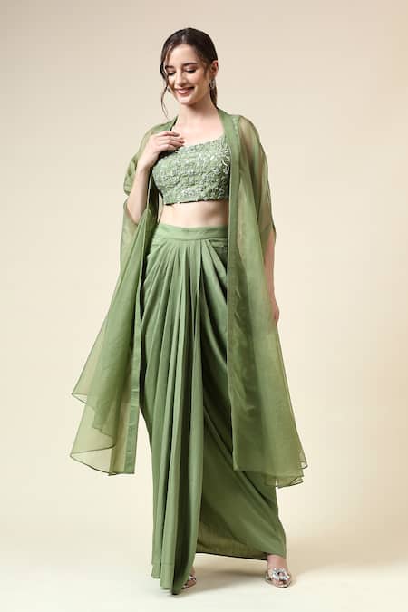 Buy_Aakaar_Green Organza, Cotton, Silk Beads, Floral Embroidered Blouse Draped Skirt Set _Online_at_Aza_Fashions