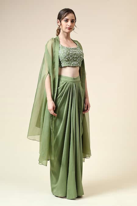Shop_Aakaar_Green Organza, Cotton, Silk Beads, Floral Embroidered Blouse Draped Skirt Set _Online_at_Aza_Fashions