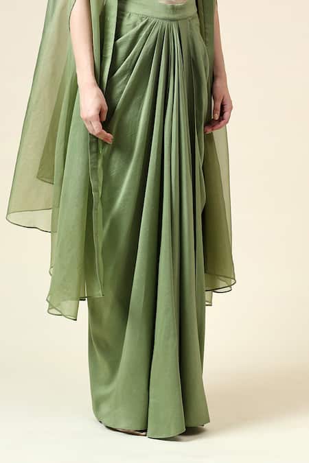 Aakaar_Green Organza, Cotton, Silk Beads, Floral Embroidered Blouse Draped Skirt Set _at_Aza_Fashions
