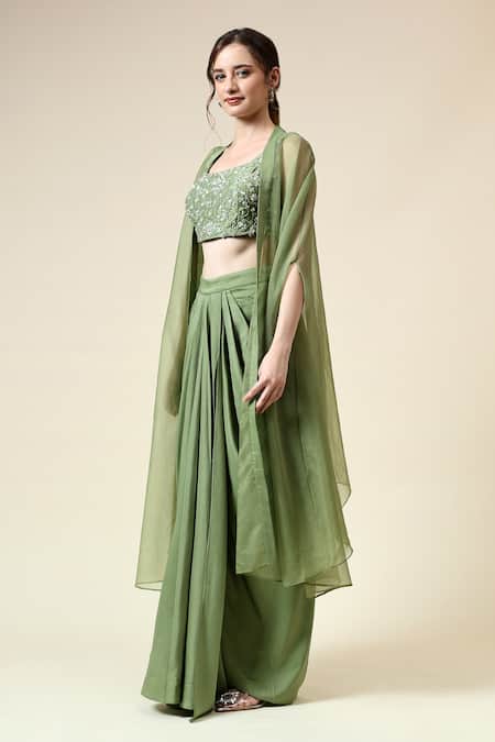Buy_Aakaar_Green Organza, Cotton, Silk Beads, Floral Embroidered Blouse Draped Skirt Set 