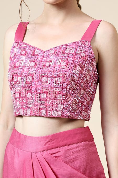Aakaar_Pink Organza, Cotton, Silk Geometric Embroidered Blouse Draped Skirt Set _Online_at_Aza_Fashions