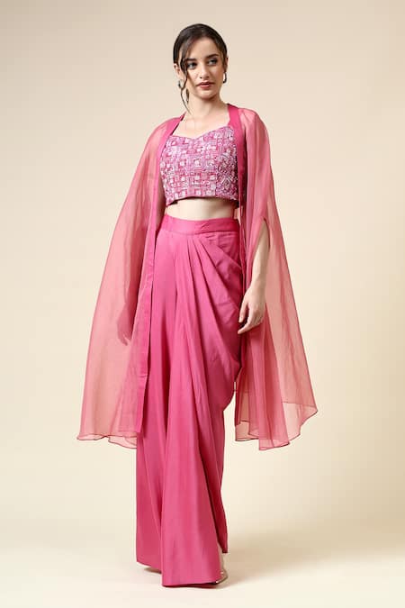 Buy_Aakaar_Pink Organza, Cotton, Silk Geometric Embroidered Blouse Draped Skirt Set _Online_at_Aza_Fashions