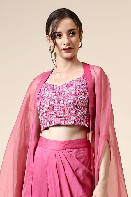Shop Aakaar Pink Organza, Cotton, Silk Geometric Embroidered Blouse Draped Skirt Set Online at Aza Fashions Shop_Aakaar_Pink Organza, Cotton, Silk Geometric Embroidered Blouse Draped Skirt Set _Online_at_Aza_Fashions