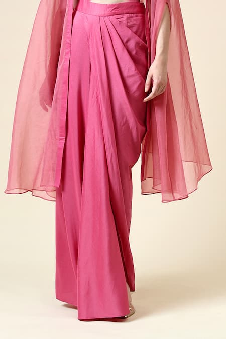 Aakaar Pink Organza, Cotton, Silk Geometric Embroidered Blouse Draped Skirt Set at Aza Fashions Aakaar_Pink Organza, Cotton, Silk Geometric Embroidered Blouse Draped Skirt Set _at_Aza_Fashions