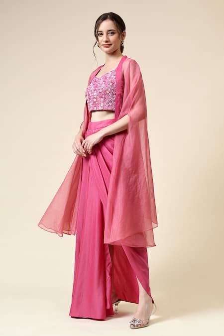 Buy_Aakaar_Pink Organza, Cotton, Silk Geometric Embroidered Blouse Draped Skirt Set 