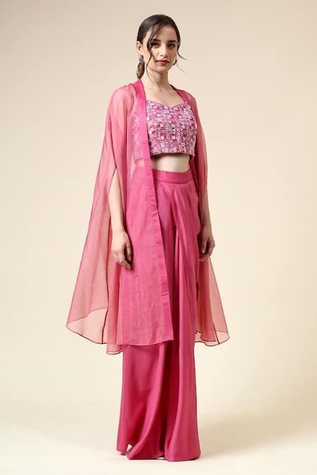 Shop_Aakaar_Pink Organza, Cotton, Silk Geometric Embroidered Blouse Draped Skirt Set 