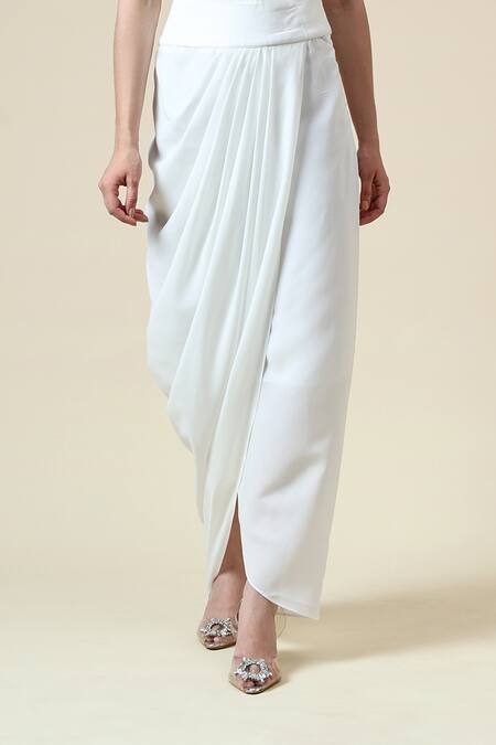 Buy_Aakaar_White Organza, Modal Sequins, Beads Pearl Embroidered Blouse Draped Skirt Set _Online_at_Aza_Fashions