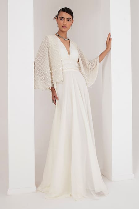 Akara Divine Scallop Pearl Embellished Cape With Dress 