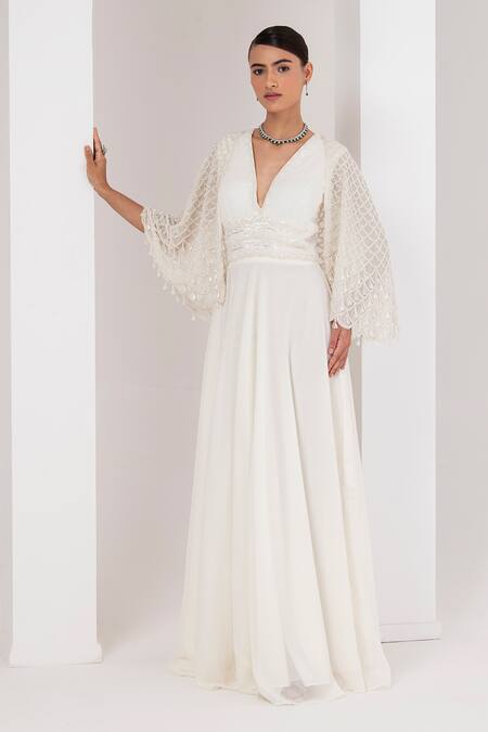 Buy Akara Ivory Georgette Pearls Plunge Neck Divine Scallop Embellished Cape With Dress Online at Aza Fashions Buy_Akara_Ivory Georgette Pearls Plunge Neck Divine Scallop Embellished Cape With Dress _Online_at_Aza_Fashions