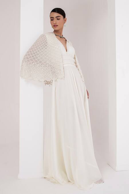 Shop Akara Ivory Georgette Pearls Plunge Neck Divine Scallop Embellished Cape With Dress Online at Aza Fashions Shop_Akara_Ivory Georgette Pearls Plunge Neck Divine Scallop Embellished Cape With Dress _Online_at_Aza_Fashions