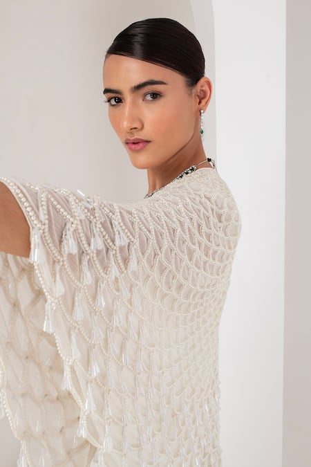 Akara Ivory Georgette Pearls Plunge Neck Divine Scallop Embellished Cape With Dress at Aza Fashions Akara_Ivory Georgette Pearls Plunge Neck Divine Scallop Embellished Cape With Dress _at_Aza_Fashions