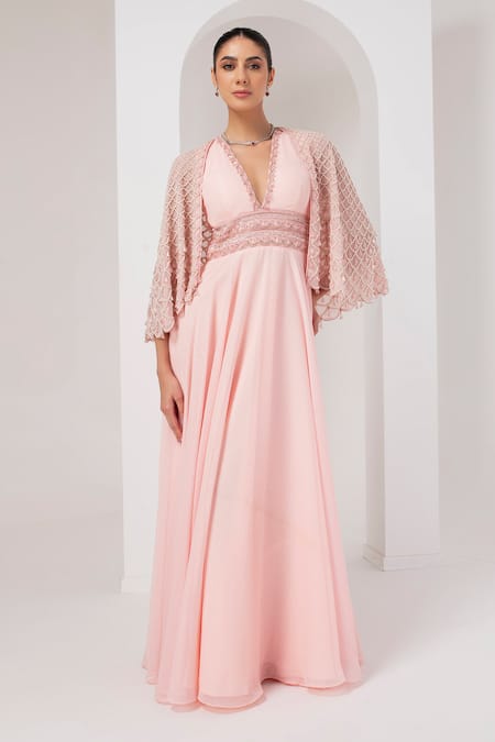 AKARA Misty Scallop Pearl Embellished Cape With Dress 