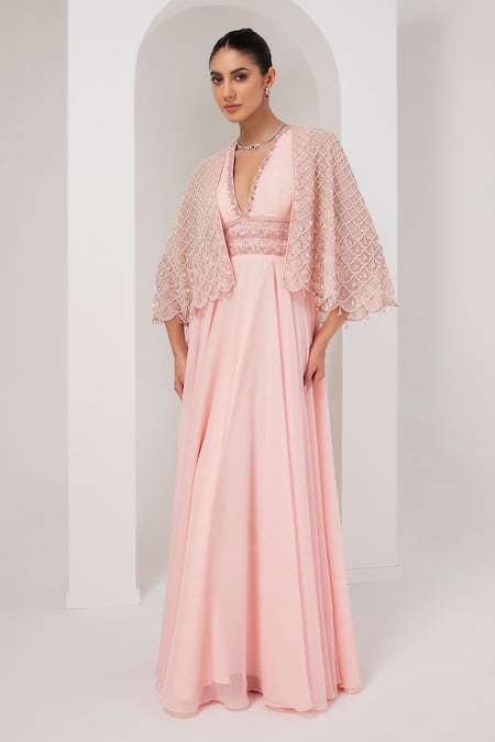 Buy Akara Pink Georgette Pearls Plunge Neck Misty Scallop Embellished Cape With Dress Online at Aza Fashions Buy_Akara_Pink Georgette Pearls Plunge Neck Misty Scallop Embellished Cape With Dress _Online_at_Aza_Fashions