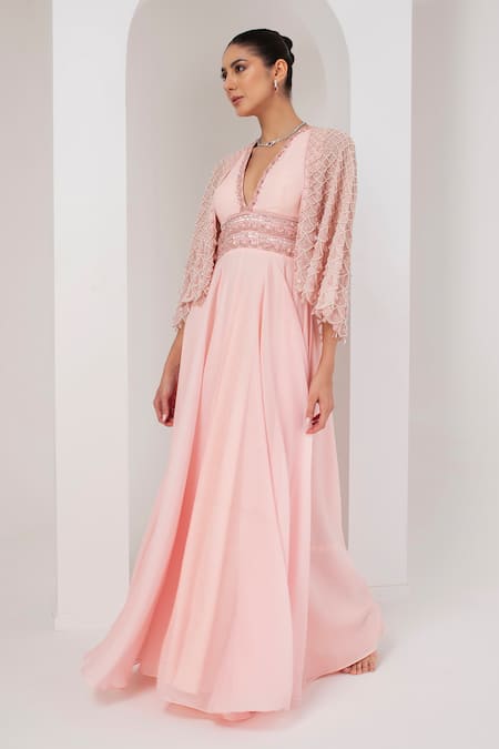 Shop Akara Pink Georgette Pearls Plunge Neck Misty Scallop Embellished Cape With Dress Online at Aza Fashions Shop_Akara_Pink Georgette Pearls Plunge Neck Misty Scallop Embellished Cape With Dress _Online_at_Aza_Fashions