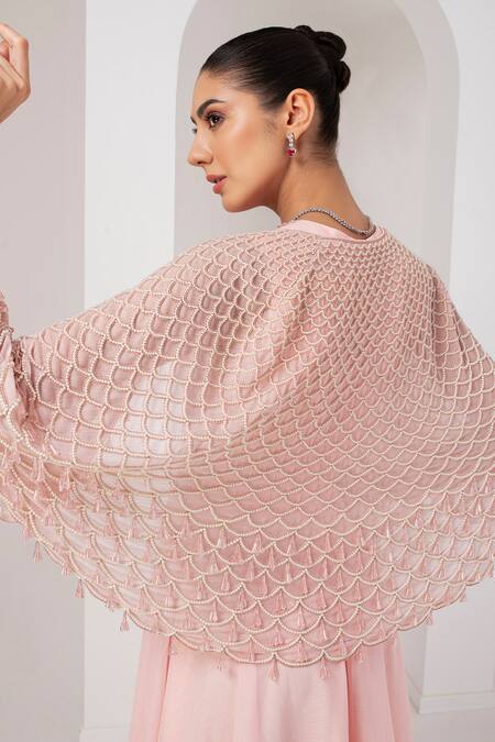 Akara Pink Georgette Pearls Plunge Neck Misty Scallop Embellished Cape With Dress at Aza Fashions Akara_Pink Georgette Pearls Plunge Neck Misty Scallop Embellished Cape With Dress _at_Aza_Fashions