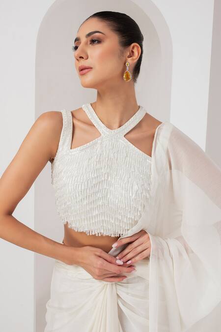 Shop_Akara_Ivory Georgette Crystals Halter Neck Pre-draped Saree With Tassel Blouse _Online_at_Aza_Fashions