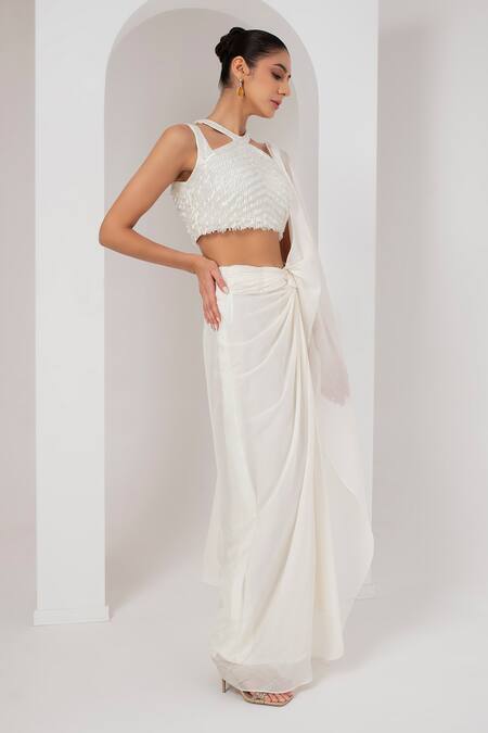 Akara_Ivory Georgette Crystals Halter Neck Pre-draped Saree With Tassel Blouse _at_Aza_Fashions