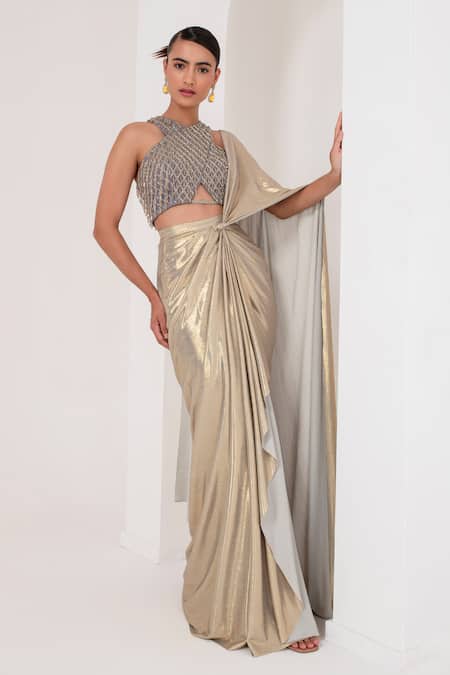 Akara_Grey Georgette Crystals, Metallic Pre-draped Saree With Tassel Blouse _Online_at_Aza_Fashions