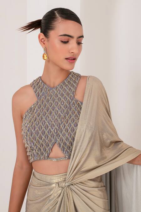Buy_Akara_Grey Georgette Crystals, Metallic Pre-draped Saree With Tassel Blouse _Online_at_Aza_Fashions