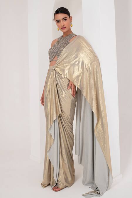 Shop_Akara_Grey Georgette Crystals, Metallic Pre-draped Saree With Tassel Blouse _Online_at_Aza_Fashions