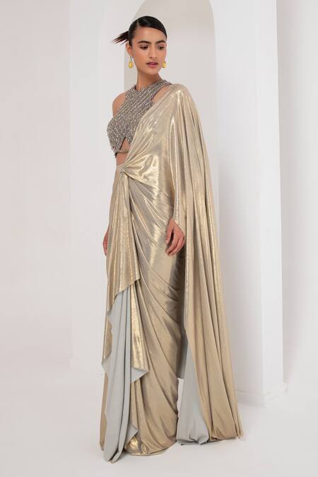 Akara_Grey Georgette Crystals, Metallic Pre-draped Saree With Tassel Blouse _at_Aza_Fashions