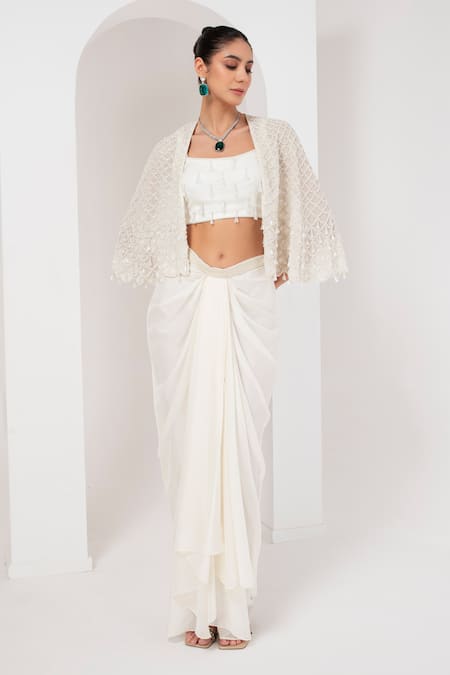 AKARA Divine Scallop Pearl Embellished Cape Draped Skirt Set 