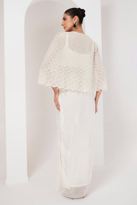 Akara_Ivory Georgette Pearls, Beads Divine Scallop Embellished Cape Draped Skirt Set _Online_at_Aza_Fashions