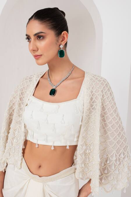 Buy_Akara_Ivory Georgette Pearls, Beads Divine Scallop Embellished Cape Draped Skirt Set _Online_at_Aza_Fashions
