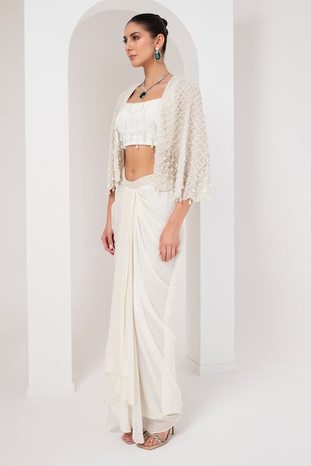 Shop_Akara_Ivory Georgette Pearls, Beads Divine Scallop Embellished Cape Draped Skirt Set _Online_at_Aza_Fashions
