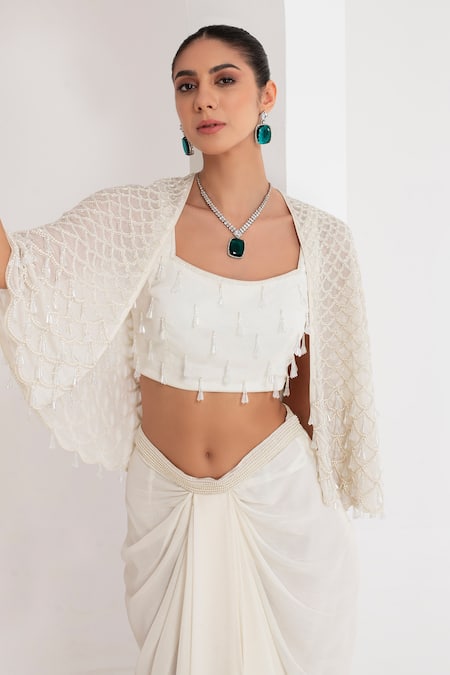 Akara_Ivory Georgette Pearls, Beads Divine Scallop Embellished Cape Draped Skirt Set _at_Aza_Fashions