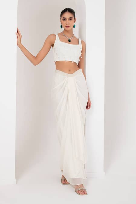 Buy_Akara_Ivory Georgette Pearls, Beads Divine Scallop Embellished Cape Draped Skirt Set 